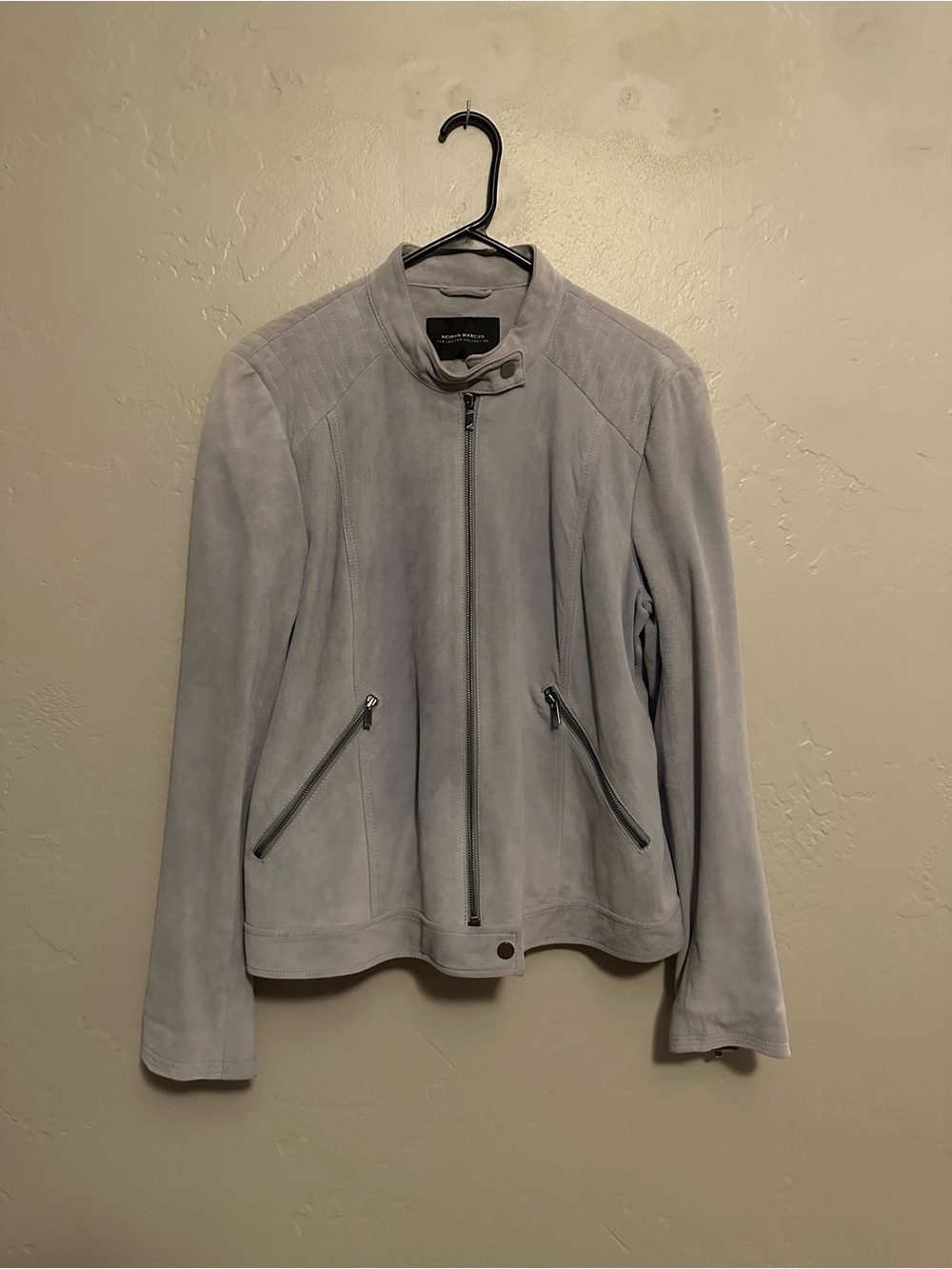 Neiman Marcus Blue Leather-Suede Zip-Front Quilted Moto Jacket